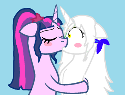 Size: 708x536 | Tagged: artist needed, safe, sci-twi, twilight sparkle, pony, unicorn, blue background, crossover, crossover shipping, female, fire emblem, kissing, lesbian, micaiah, micaiahtwi, ponified, shipping, simple background, species swap