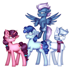 Size: 1024x1001 | Tagged: safe, artist:clairedaartiste444, double diamond, night glider, party favor, sugar belle, earth pony, pegasus, pony, unicorn, cheek fluff, chest fluff, clothes, floppy ears, scarf, simple background, transparent background