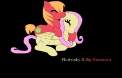 Size: 1228x780 | Tagged: safe, artist:crystalstar1551, derpibooru import, big macintosh, fluttershy, pegasus, pony, base used, biting, black background, ear bite, female, fluttermac, horses doing horse things, male, prone, shipping, simple background, straight