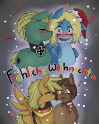 Size: 800x1000 | Tagged: safe, artist:ask-pony-gerita, earth pony, pegasus, pony, ask, beard, blushing, christmas, exclamation point, eyes closed, facial hair, gay, germany, hat, heart, hetalia, holiday, interrobang, jewelry, kissing, male, merry christmas, necklace, open mouth, ponified, question mark, santa hat, stallion, surprised