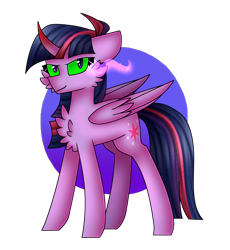 Size: 772x840 | Tagged: safe, artist:clairedaartiste444, twilight sparkle, twilight sparkle (alicorn), alicorn, pony, cheek fluff, chest fluff, circle background, colored horn, corrupted twilight sparkle, curved horn, dark magic, female, floppy ears, glowing eyes, grin, horn, magic, mare, mind control, simple background, smiling, solo, sombra eyes, sombra horn, sombrafied, stray strand, transparent background
