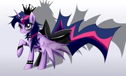 Size: 925x563 | Tagged: safe, artist:astril, twilight sparkle, twilight sparkle (alicorn), alicorn, pony, bow, choker, crown, ear piercing, earring, eyelashes, eyeliner, goth, gradient background, jewelry, makeup, piercing, raised hoof, regalia, solo, spiked choker, spiked wristband, tail bow, wristband