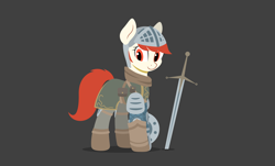 Size: 2644x1596 | Tagged: safe, artist:zylgchs, derpibooru exclusive, oc, oc only, oc:sword, claymore, dark souls, elite knight set, female, lineless, looking at you, mare, simple background, solo, standing, vector