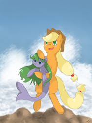 Size: 2400x3200 | Tagged: safe, artist:tomat-in-cup, oc, earth pony, original species, pony, shark, shark pony, bipedal, duo, female, hat, holding a pony, mare, open mouth, petting, smiling