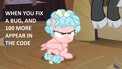 Size: 1280x720 | Tagged: safe, edit, edited screencap, screencap, cozy glow, lord tirek, pegasus, pony, the summer sun setback, angry, cozy glow is best facemaker, cozy glow is not amused, cozybetes, crossed hooves, cute, faic, female, filly, frown, glare, grumpy, hooves, madorable, pouting, programming, sitting, solo focus, spread wings, text, wings