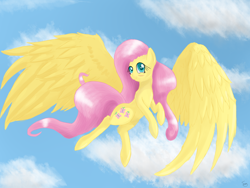 Size: 1600x1200 | Tagged: safe, artist:tomat-in-cup, derpibooru import, fluttershy, pegasus, pony, blushing, cloud, female, flying, large wings, looking at you, mare, sky, smiling, solo, spread wings, wings