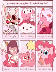 Size: 2048x2638 | Tagged: safe, artist:eggy-b-official, derpibooru import, pinkie pie, anthro, bear, cat, earth pony, pony, animatronic, anthro with ponies, baroness von bon bon, bow, bust, care bears, cherry quartz, clothes, cupcake, cuphead, female, five nights at freddy's, food, hair bow, hello kitty, love-a-lot bear, mangle, mare, my melody, sanrio, six fanarts, smiling, steven universe