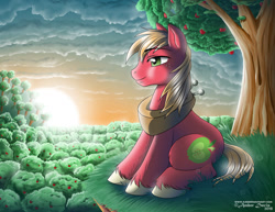 Size: 1024x791 | Tagged: safe, artist:sonicsweeti, big macintosh, earth pony, pony, apple, apple tree, commission, cutie mark, digital art, food, male, scenery, sitting, solo, stallion, sunset, tree