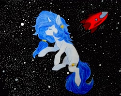 Size: 3742x2983 | Tagged: safe, oc, oc:starley orlin, unicorn, black background, nightsky, ship, simple background, sleeping, solo, space, stars