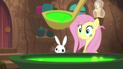 Size: 1920x1080 | Tagged: safe, derpibooru import, screencap, angel bunny, fluttershy, pegasus, pony, rabbit, she talks to angel, animal, cauldron, duo, female, ladle, male, mare, messy mane, zecora's hut