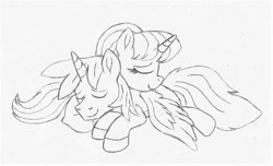 Size: 1915x1162 | Tagged: safe, artist:ejlightning007arts, oc, oc only, oc:ej, oc:hsu amity, alicorn, pony, alicorn oc, amityej, clothes, cute, eyes closed, female, horn, male, oc x oc, shipping, sleeping, smiling, snuggling, straight, traditional art, wings