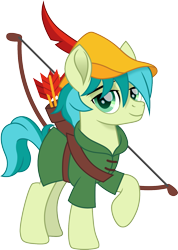 Size: 1065x1500 | Tagged: safe, artist:cloudyglow, sandbar, earth pony, pony, arrow, bow (weapon), bow and arrow, clothes, crossover, cute, disney, hat, looking at you, male, movie accurate, raised hoof, sandabetes, simple background, solo, stallion, transparent background, weapon