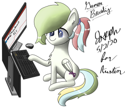 Size: 5490x4720 | Tagged: safe, artist:mlplayer dudez, oc, oc only, oc:gamer beauty, pegasus, pony, computer, cute, gaming, happy, keyboard, monitor, request, shading, signature, sitting, smiling, solo, transparent background