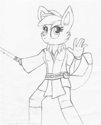 Size: 1469x1810 | Tagged: safe, artist:ejlightning007arts, oc, oc only, oc:rainbow eevee, anthro, hybrid, clothes, crossover, eevee, hybrid oc, jedi, lightsaber, looking up, pokémon, star wars, traditional art, weapon