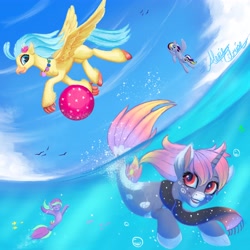 Size: 4096x4096 | Tagged: safe, artist:colorpalette-art, princess skystar, oc, bird, hippogriff, pegasus, pony, seagull, seapony (g4), my little pony: the movie, ball, clothes, scarf, swimming, underwater, water