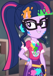 Size: 764x1080 | Tagged: safe, screencap, sci-twi, twilight sparkle, better together, equestria girls, sunset's backstage pass!, bangs, clothes, collar, cropped, cute, female, glasses, hand on hip, indoors, lidded eyes, music festival outfit, paint, ponytail, public restroom, raised eyebrow, short sleeves, skirt, smiling, talking, twiabetes, wristband