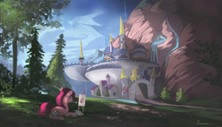 Size: 4700x2700 | Tagged: safe, artist:auroriia, derpibooru import, pinkie pie, earth pony, pony, canterlot, canterlot castle, canvas, castle, digital art, female, high res, mare, mouth hold, paint, paintbrush, painting, palette, prone, scenery, smiling, solo, tree