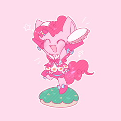 Size: 768x768 | Tagged: safe, artist:jisuppe, derpibooru import, pinkie pie, earth pony, pony, bipedal, chibi, clothes, cute, diapinkes, dress, gala dress, musical instrument, nya, solo, tambourine