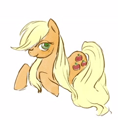 Size: 2744x2849 | Tagged: safe, artist:laya-21, derpibooru import, applejack, earth pony, pony, alternate hairstyle, colored pupils, cute, female, freckles, hatless, jackabetes, loose hair, mare, missing accessory, one eye closed, prone, simple background, solo, white background