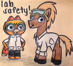 Size: 2040x1840 | Tagged: safe, artist:melisareb, doctor whooves, earth pony, fox, pony, clothes, crossover, dr. fox, goggles, lab coat, lego, looking at you, male, not shipping, stallion, text, traditional art, unikitty! (tv series)