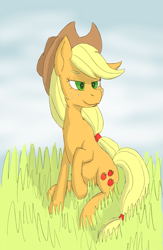 Size: 1625x2500 | Tagged: safe, artist:sufficient, derpibooru import, applejack, earth pony, pony, cloud, cloudy, female, grass, hat, mare, outdoors, raised hoof, shading, sitting, sky, smiling, solo
