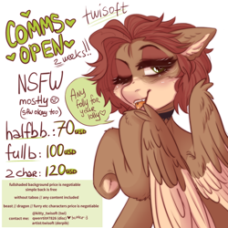 Size: 2300x2300 | Tagged: safe, artist:twisoft, oc, oc only, oc:qwerrtit, pegasus, pony, advertisement, blushing, commission, commission info, commissions open, commissions sheet, ear fluff, female, illustration, open mouth, pose, solo, tongue out, underhoof