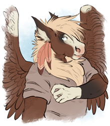Size: 700x800 | Tagged: safe, artist:furryguts, oc, oc only, oc:gilded feather, anthro, griffon, hybrid, anthro oc, bust, clothes, male, shirt, simple background, solo, stallion