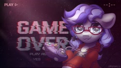 Size: 2936x1661 | Tagged: safe, artist:reterica, oc, oc only, oc:cinnabyte, pony, adorkable, cute, dork, female, game over, glasses, mare, open mouth, pigtails, purple, solo