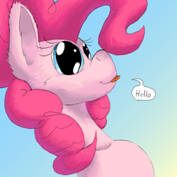 Size: 1584x1584 | Tagged: safe, artist:firefanatic, derpibooru import, pinkie pie, earth pony, pony, :3, big ears, cute, long neck, mlem, silly, smiling, speech bubble, tongue out