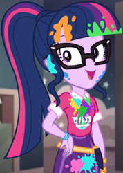 Size: 770x1080 | Tagged: safe, screencap, sci-twi, twilight sparkle, better together, equestria girls, sunset's backstage pass!, bangs, clothes, collar, cropped, cute, female, glasses, hand on hip, indoors, messy, music festival outfit, paint, ponytail, public restroom, shirt, short sleeves, skirt, smiling, talking, twiabetes, wristband