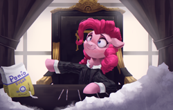 Size: 4000x2550 | Tagged: safe, artist:vanillaghosties, derpibooru import, pinkie pie, earth pony, pony, atg 2020, chair, clothes, food, implied drug use, newbie artist training grounds, scarface, shirt, smiling, solo, sugar (food), suit