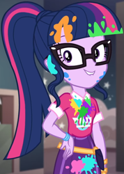 Size: 769x1080 | Tagged: safe, screencap, sci-twi, twilight sparkle, better together, equestria girls, sunset's backstage pass!, bangs, clothes, collar, cropped, cute, female, glasses, hand on hip, indoors, lip bite, messy, music festival outfit, paint, ponytail, public restroom, shirt, short sleeves, skirt, smiling, talking, twiabetes