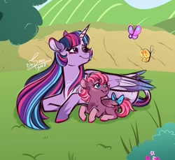 Size: 1280x1173 | Tagged: safe, artist:snowballflo, twilight sparkle, twilight sparkle (alicorn), oc, oc:ember, alicorn, butterfly, pegasus, pony, bow, female, filly, magical lesbian spawn, mare, mother and child, mother and daughter, offspring, parent and child, parent:sunset shimmer, parent:twilight sparkle, parents:sunsetsparkle, prone, tail bow