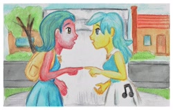 Size: 2356x1500 | Tagged: safe, oc, oc:chris chan, oc:miss night star, equestria girls, canterlot high, equestria girls-ified, scene interpretation, traditional art, watercolor painting