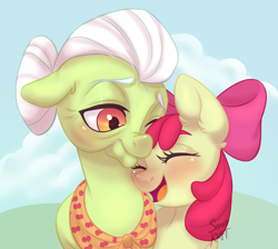 Size: 2232x2000 | Tagged: safe, artist:sannykat, apple bloom, granny smith, earth pony, pony, adorabloom, blushing, cute, duo, eyes closed, female, filly, grandmother and grandchild, grandmother and granddaughter, high res, mare, one eye closed, snuggling