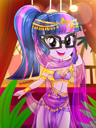 Size: 1800x2400 | Tagged: safe, artist:artmlpk, sci-twi, twilight sparkle, equestria girls, adorable face, adorasexy, adorkable, armlet, balcony, bare chest, bare shoulders, beautiful, belly, belly dancer, belly dancer outfit, bracelet, chair, clothes, crown, cute, dancing, design, digital art, dork, egyptian, eyelashes, fanart, genie, geniefied, glasses, goddess, gold, hair, harem outfit, jewelry, leaf, looking at you, midriff, necklace, open mouth, outfit, palace, palm tree, pillow, plant, ponytail, pose, raised eyebrow, regalia, sarong, sexy, skirt, smiley face, smiling, smiling at you, solo, stupid sexy sci-twi, tree, twiabetes, veil, watermark