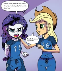 Size: 1068x1224 | Tagged: safe, artist:pencils, edit, idw, applejack, rarity, equestria girls, spoiler:comic, spoiler:comicequestriagirlsmarchradness, angry, clothes, duo, hand on shoulder, shouting rarity