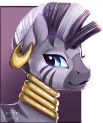 Size: 1080x1290 | Tagged: safe, alternate version, artist:neytiri_dont_bite, zecora, zebra, bust, ear piercing, earring, female, jewelry, mare, neck rings, piercing, smiling, solo