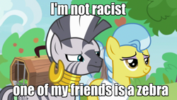 Size: 1920x1080 | Tagged: safe, edit, edited screencap, screencap, doctor fauna, zecora, earth pony, pony, zebra, she talks to angel, caption, duo, female, image macro, mare, meme, out of character, text