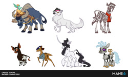 Size: 800x481 | Tagged: safe, artist:lindsay towns, artist:mane6, oc, oc:turing test, bird, bull, classical unicorn, deer, okapi, robot, unicorn, wolf, zebra, fanfic:the iron horse: everything's better with robots, them's fightin' herds, background character, bird house, cloven hooves, community related, concept art, hat, leonine tail, official art, simple background, unshorn fetlocks, white background