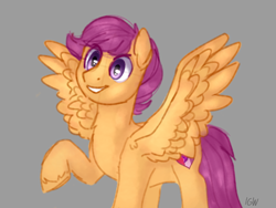 Size: 1024x768 | Tagged: safe, artist:holdytussigwpigeon, artist:importantgreatwake, artist:pigeorgien, scootaloo, pegasus, pony, female, filly, gray background, raised hoof, simple background, smiling, solo, spread wings, wings