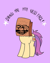 Size: 795x1005 | Tagged: safe, artist:paperbagpony, edit, oc, oc:paper bag, earth pony, pony, blindfold, draw me my new face, exploitable meme, female, meme, nightmare fuel, paper bag, teeth