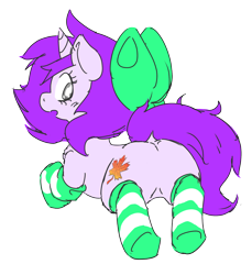 Size: 2080x2266 | Tagged: safe, artist:doodlegamertj, oc, oc:mable syrup, pony, unicorn, blind, bow, butt, clothes, featureless crotch, female, mare, plot, simple background, socks, solo, striped socks, transparent background