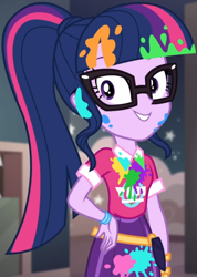 Size: 769x1080 | Tagged: safe, screencap, sci-twi, twilight sparkle, better together, equestria girls, sunset's backstage pass!, bangs, clothes, collar, cropped, cute, female, glasses, hand on hip, indoors, messy, music festival outfit, paint, ponytail, public restroom, shirt, short sleeves, skirt, smiling, talking, twiabetes