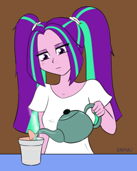 Size: 800x1000 | Tagged: safe, artist:empyu, aria blaze, equestria girls, 30 minute art challenge, clothes, cup, female, food, noodles, ramen, shirt, solo, water