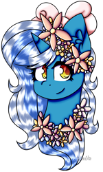 Size: 734x1224 | Tagged: safe, artist:spedoodle, oc, oc:fleurbelle, alicorn, alicorn oc, bow, female, flower, flower in hair, golden eyes, hair bow, horn, mare, simple background, smiling, smiling at you, transparent background, wings