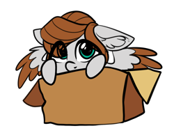 Size: 1380x1052 | Tagged: safe, artist:airfly-pony, oc, oc:scarlett drop, pegasus, pony, box, chibi, eye clipping through hair, pegasus oc, pony in a box, wings