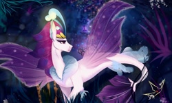 Size: 1600x960 | Tagged: safe, artist:martazap3, queen novo, seapony (g4), my little pony: the movie, bioluminescent, bubble, closed mouth, clothes, coral, crown, eyelashes, female, fin wings, fins, fish tail, jewelry, logo, purple eyes, queen, regalia, seaquestria, see-through, signature, solo, swimming, tail, underwater, water, wings