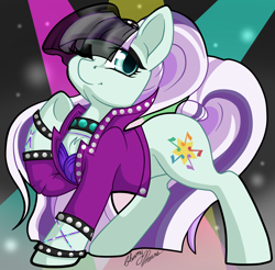 Size: 2256x2217 | Tagged: safe, artist:gleamydreams, coloratura, earth pony, pony, bracelet, choker, clothes, countess coloratura, eyeshadow, jacket, jewelry, looking at you, makeup, necklace, ponytail, smiling, solo, veil