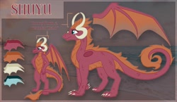 Size: 1600x926 | Tagged: safe, artist:amura-of-jupiter, oc, oc only, oc:shuyu, anthro, dragon, claws, commission, curled tail, female, fur, guide, hand on hip, horns, membranous wings, orange mane, quadrupedal, reference, reference sheet, scales, smiling, spread wings, wings